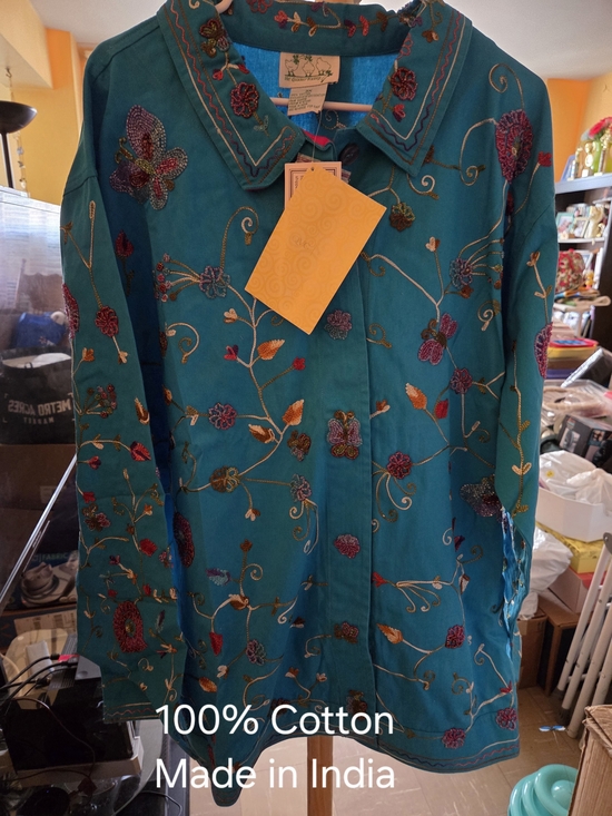 The Quacker Factory Jackets & Blazers - Teal Embroidered Cotton Jacket with Floral Hand Beaded Motif